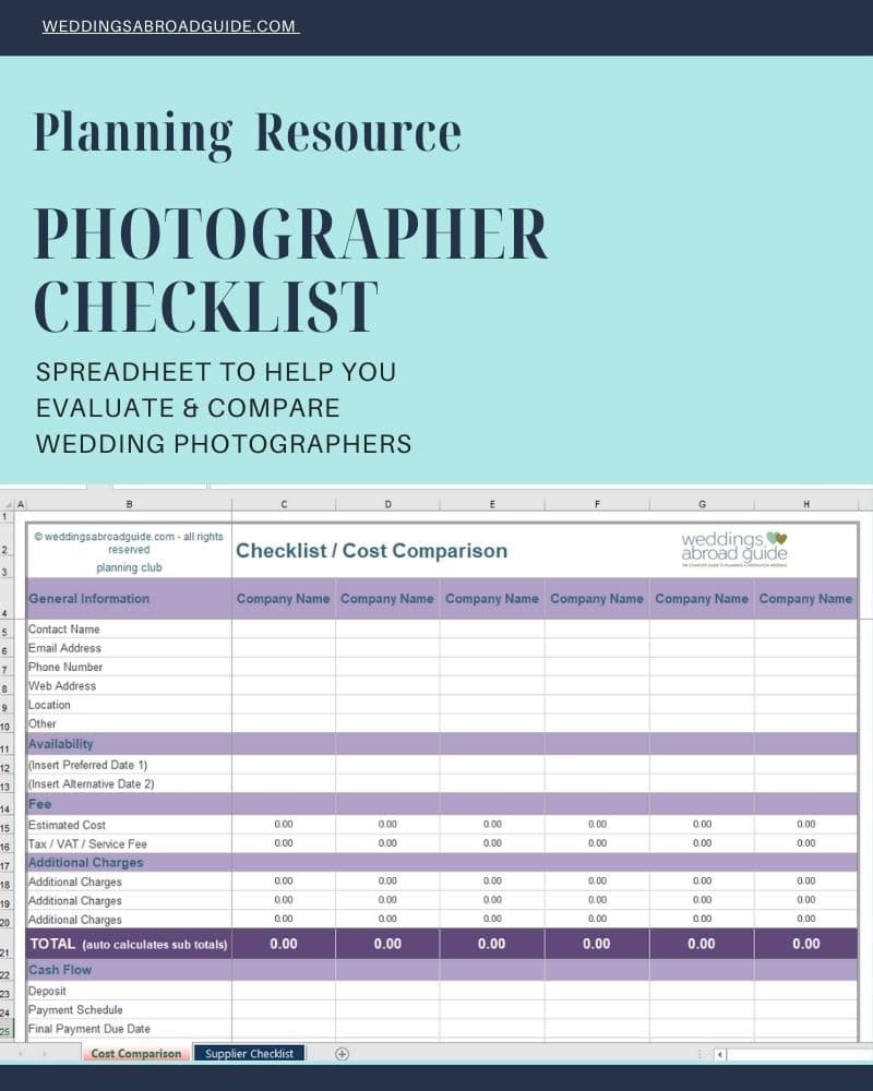 Planning Resource Spreadsheet to Compare & Evaluate Destination Wedding Photographers / Videographers - Download