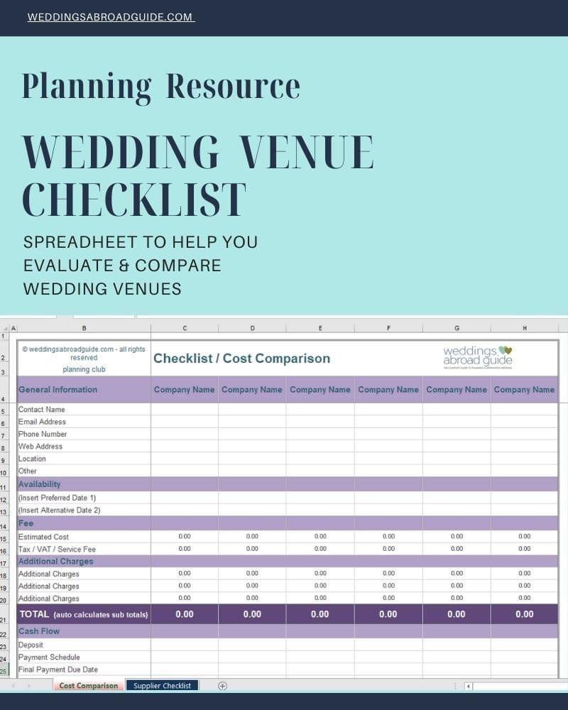 Planning Resource Spreadsheet to Compare & Evaluate Destination Wedding Venues - Download